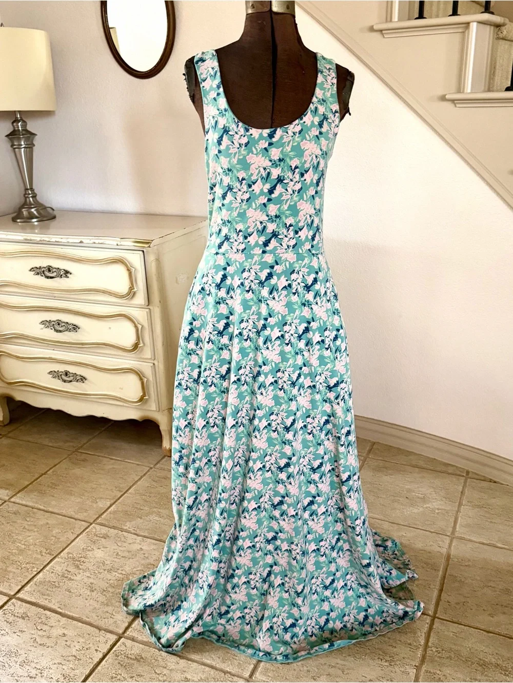 PACT Women’s Size L Organic Fit & Flare Open Back Maxi Dress Light Blue Floral - Picture 1 of 11